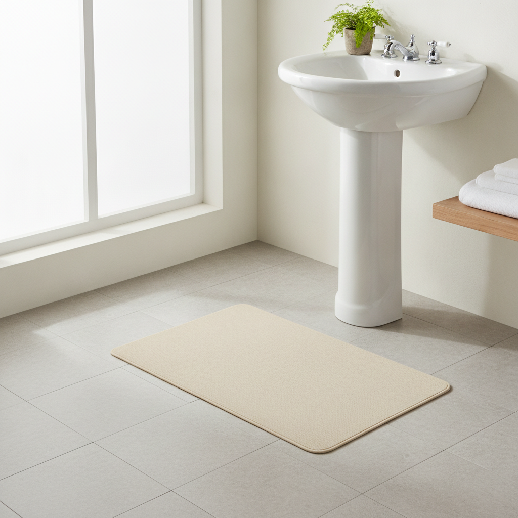 Tapis en diatomite de qualité posé dans une salle de bain claire et saine