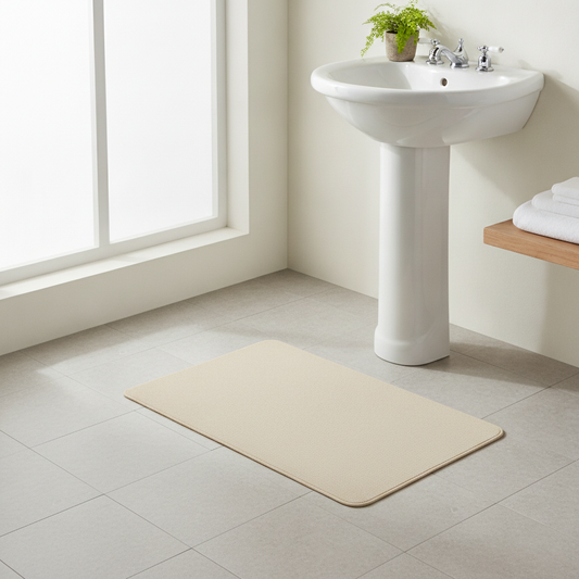 Tapis en diatomite de qualité posé dans une salle de bain claire et saine