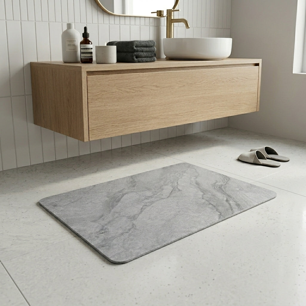 Tapis de bain en diatomite effet marbre - posé en salle de bain