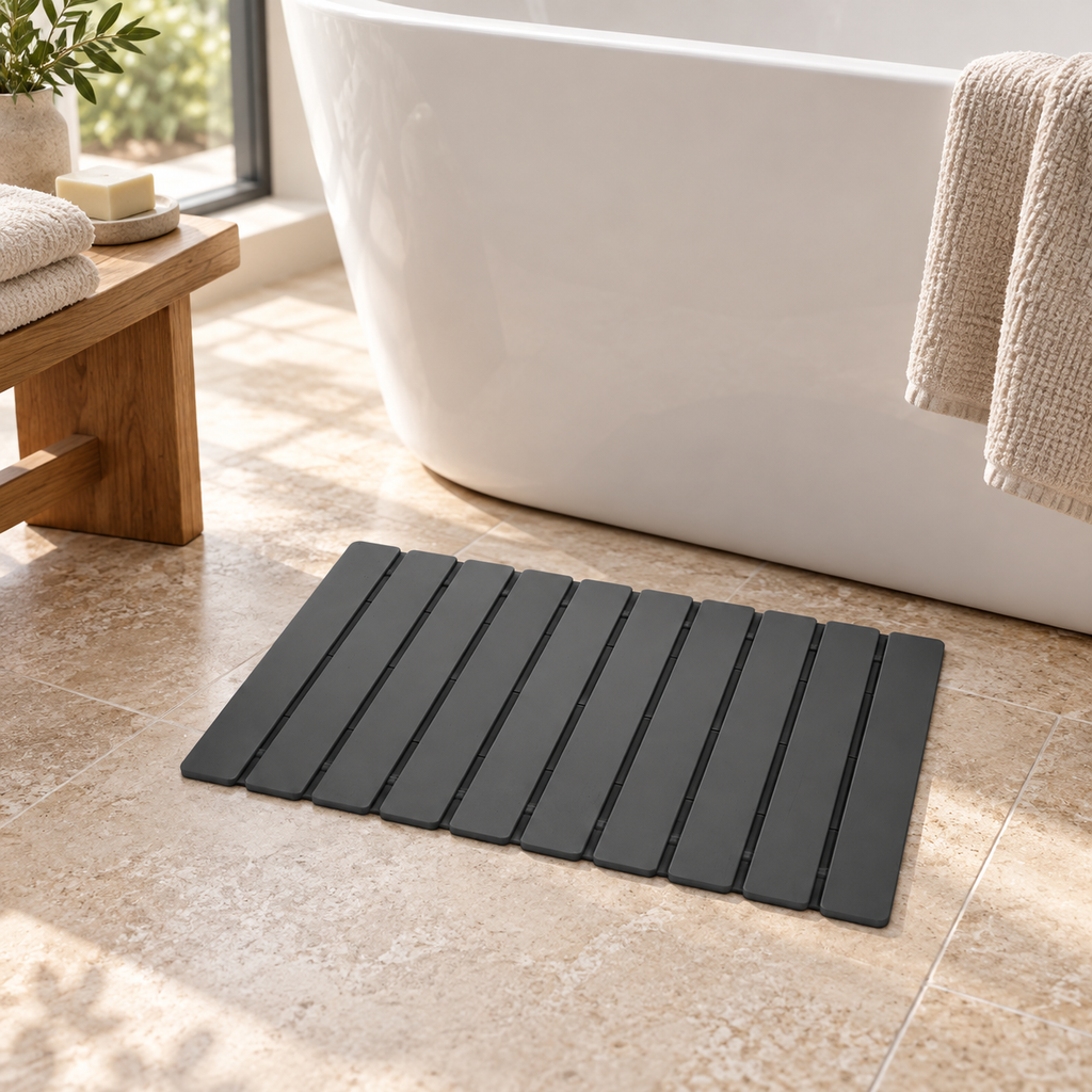 Caillebotis Diatomite – Gris Charbon près d’une baignoire