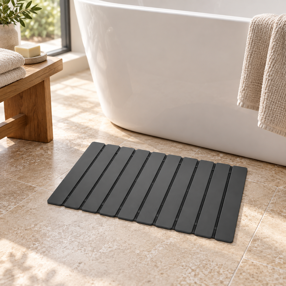 Caillebotis Diatomite – Gris Charbon près d’une baignoire