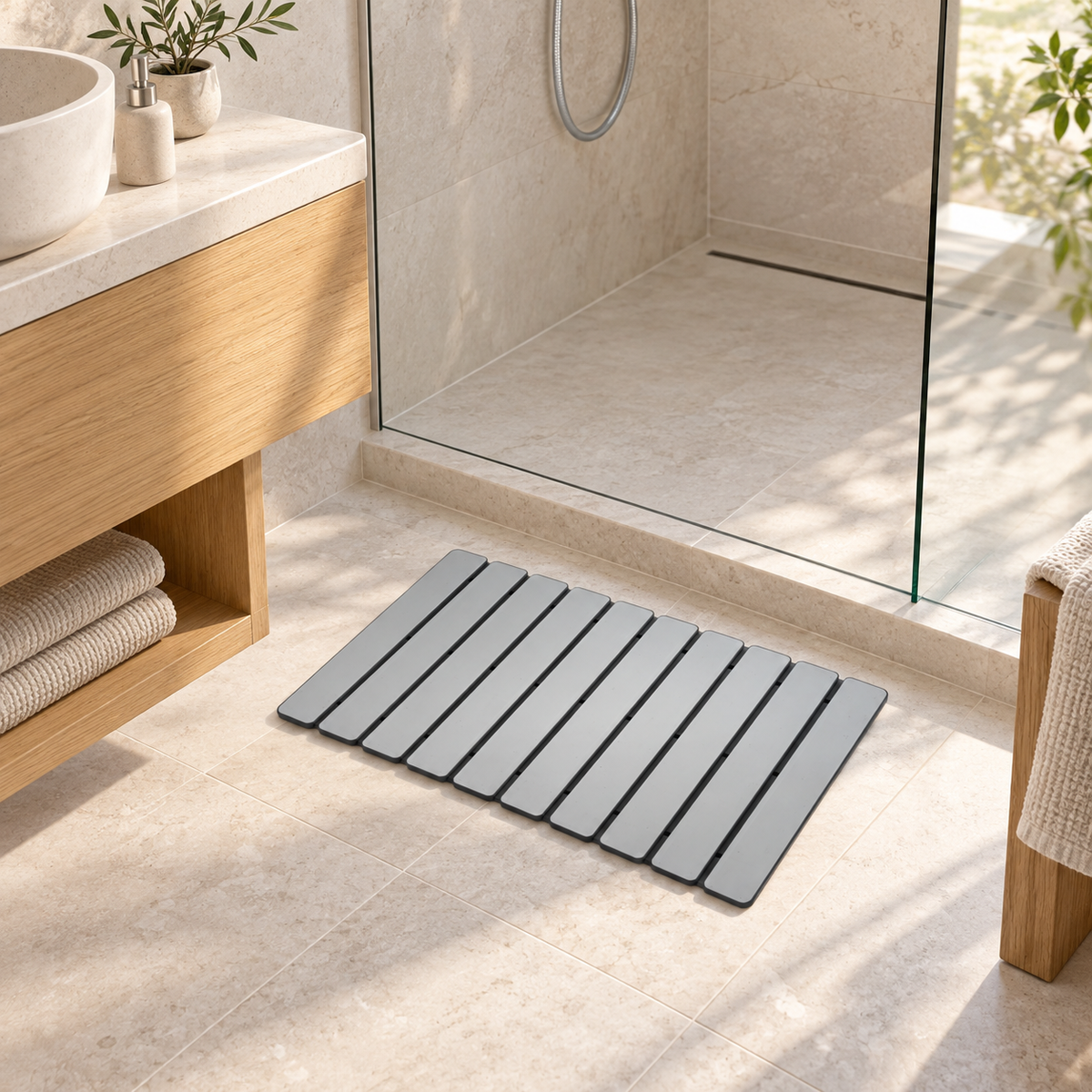 Caillebotis Diatomite – Gris Argent dans une salle de bain lumineuse