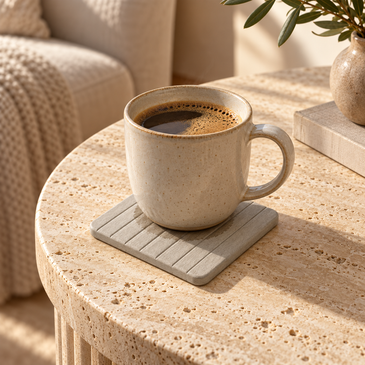 Dessous De Verre En Diatomite Grise – Gris Clair sur une table basse minimaliste