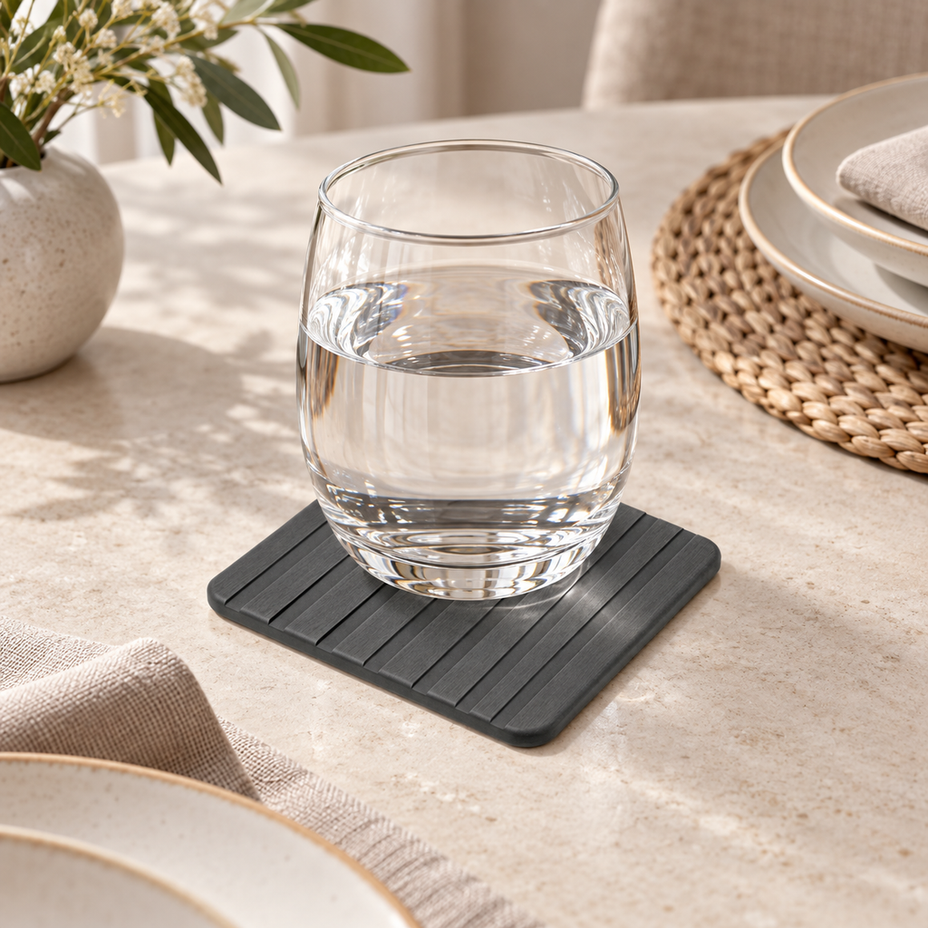 Dessous De Verre En Diatomite Grise – Gris Foncé sur une table basse minimaliste