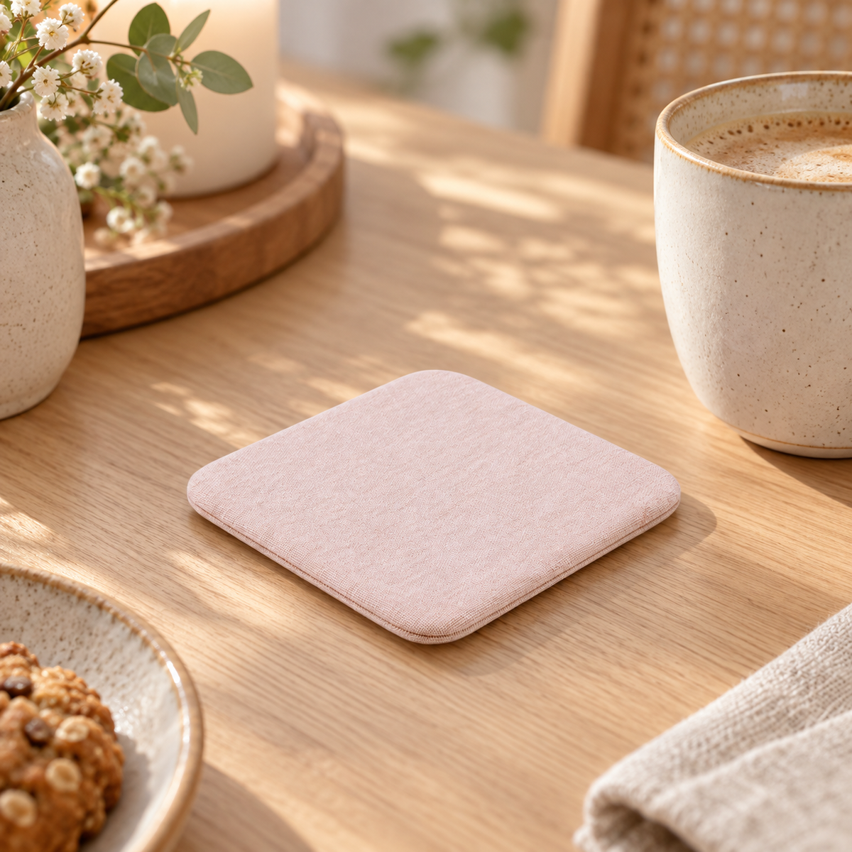 Dessous De Verre En Diatomite Rose – Rose / 8x8cm, Rose / 10x10cm sur une table dressée