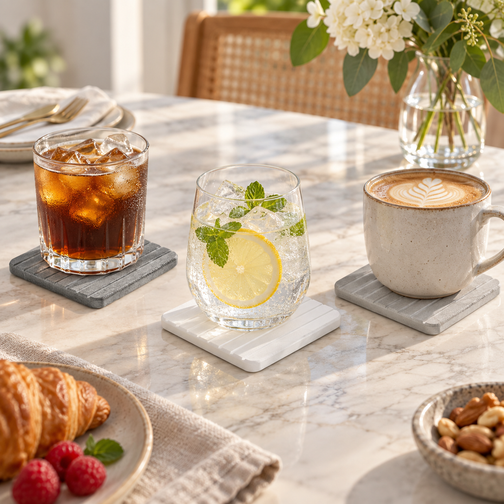 Lot De 3 Dessous De Verre sur une table basse minimaliste