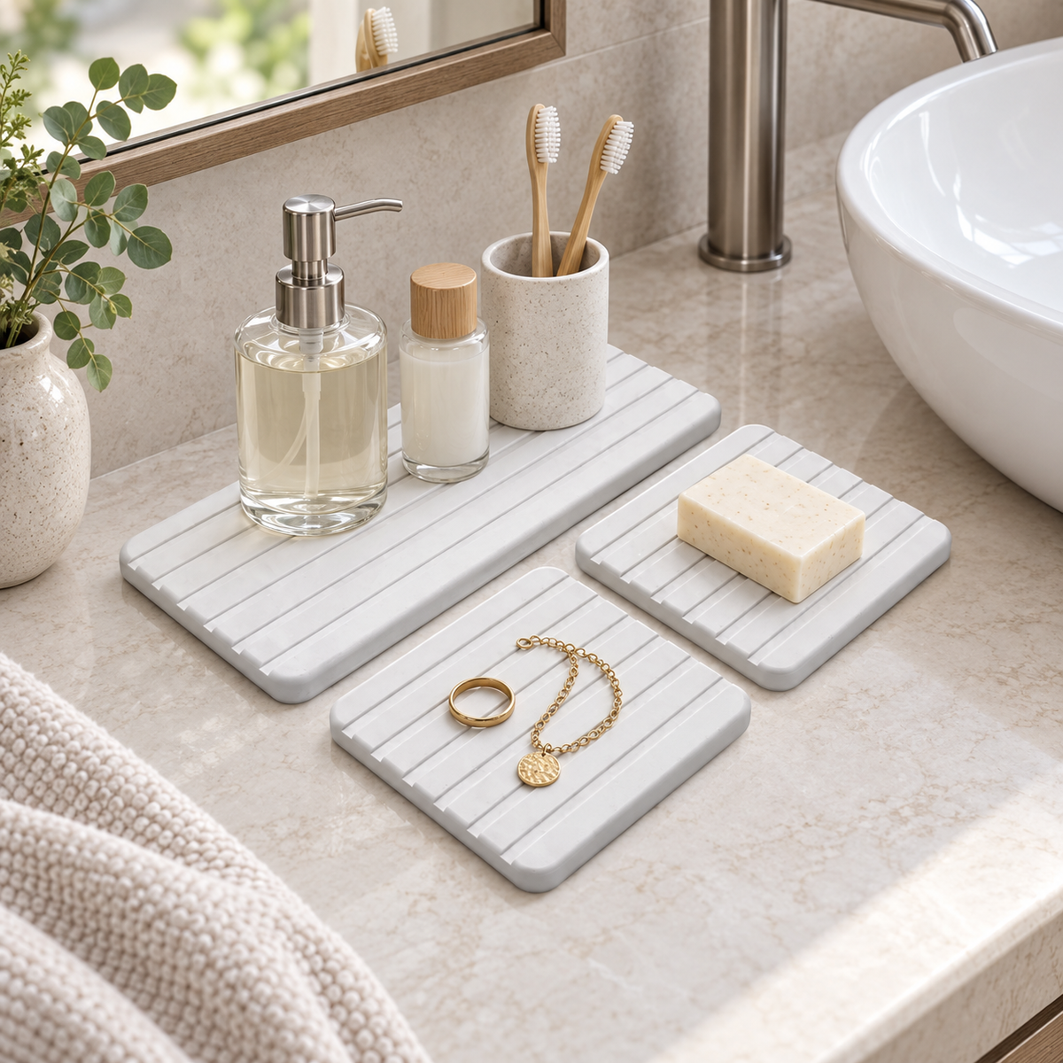 Lot de 3 Plateaux d'Évier en Diatomite – Blanc dans une cuisine contemporaine