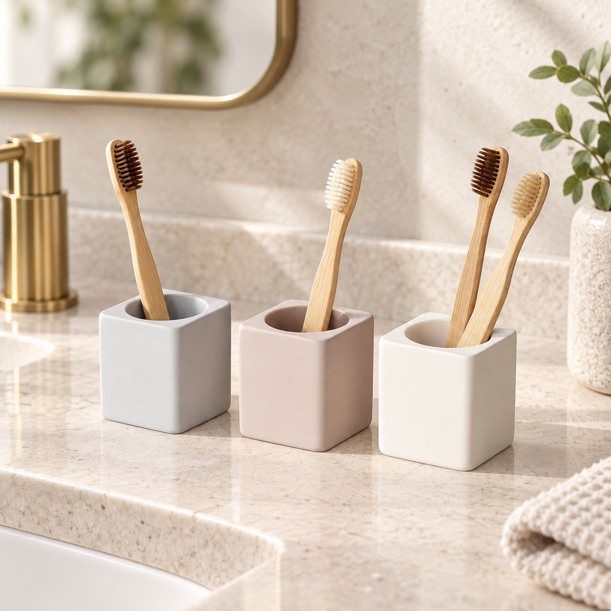 Lot De 3 Porte Brosse À Dents Diatomite sur un lavabo lumineux