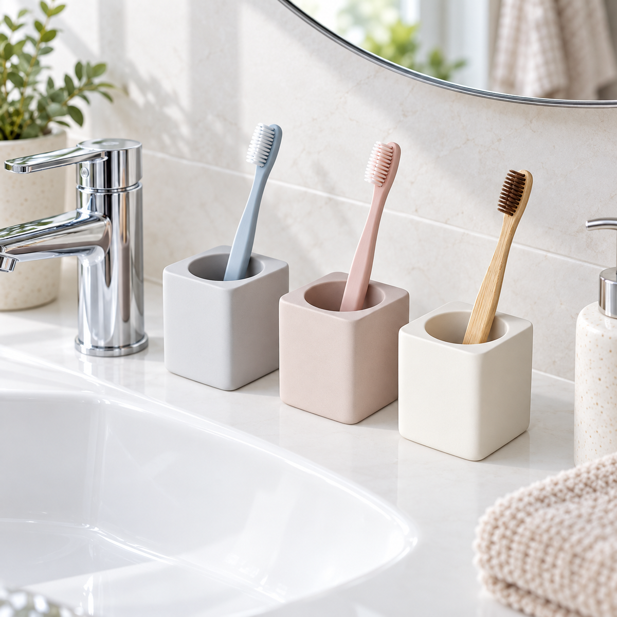Lot De 3 Porte Brosse À Dents Diatomite sur un meuble de salle de bain en bois