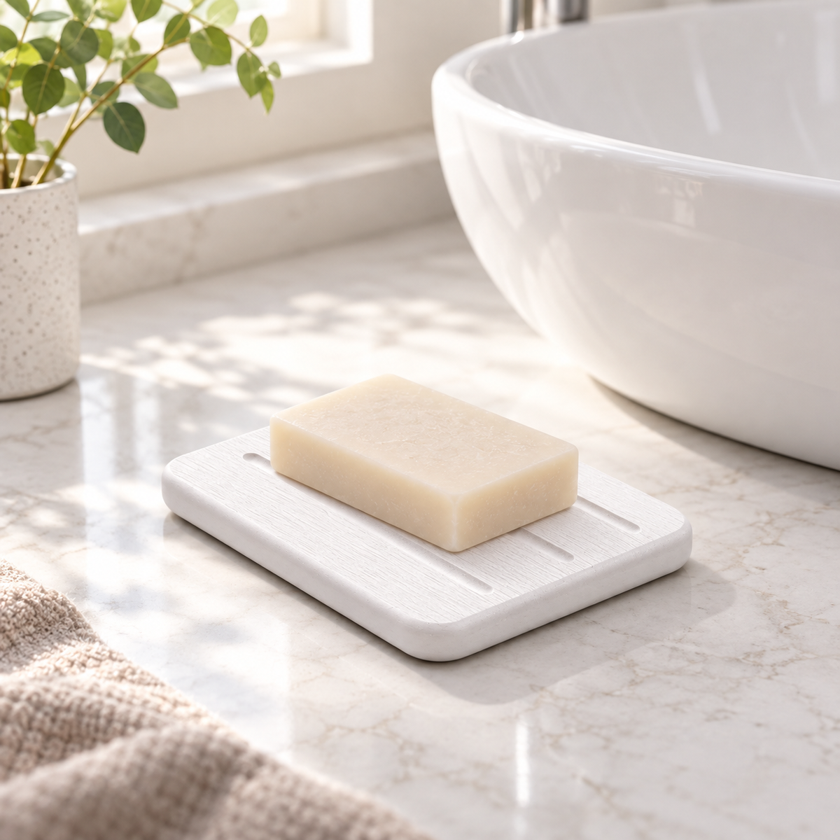 Porte Savon Design – Blanc sur un lavabo lumineux