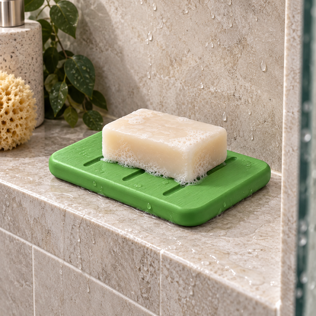 Porte Savon Design – Vert sur un meuble de salle de bain en bois