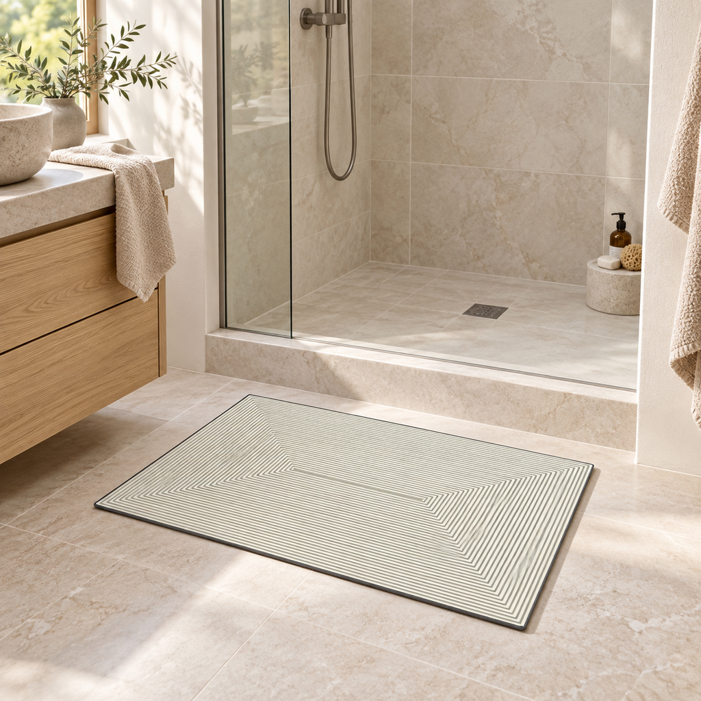 Tapis Bain Mémoire De Forme – Miroir Infini dans une salle de bain lumineuse