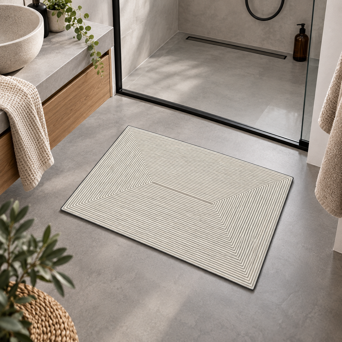 Tapis Bain Mémoire De Forme – Miroir Infini dans une salle de bain contemporaine
