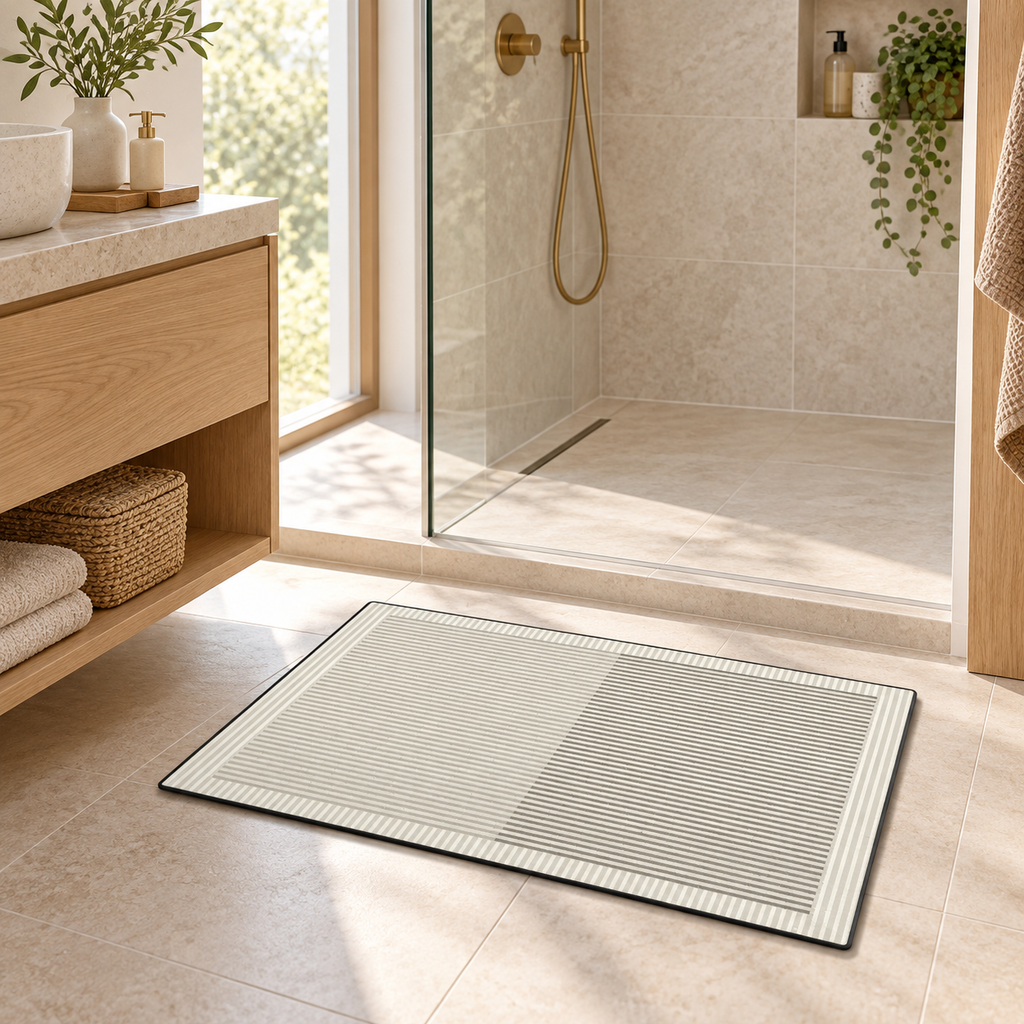 Tapis Bain Mémoire De Forme – Double Teinte dans une salle de bain lumineuse
