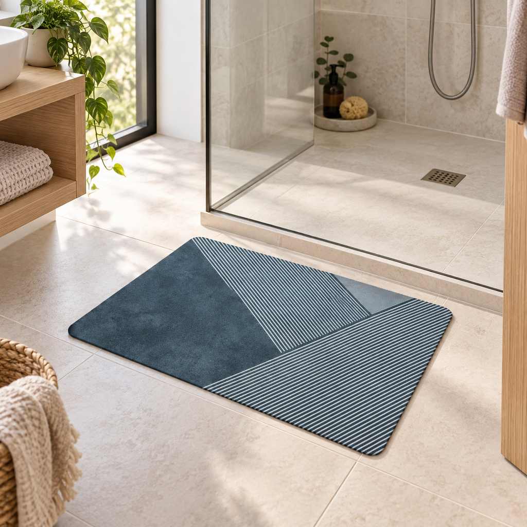 Tapis De Bain 50x70 – Horizon Marine dans une salle de bain lumineuse