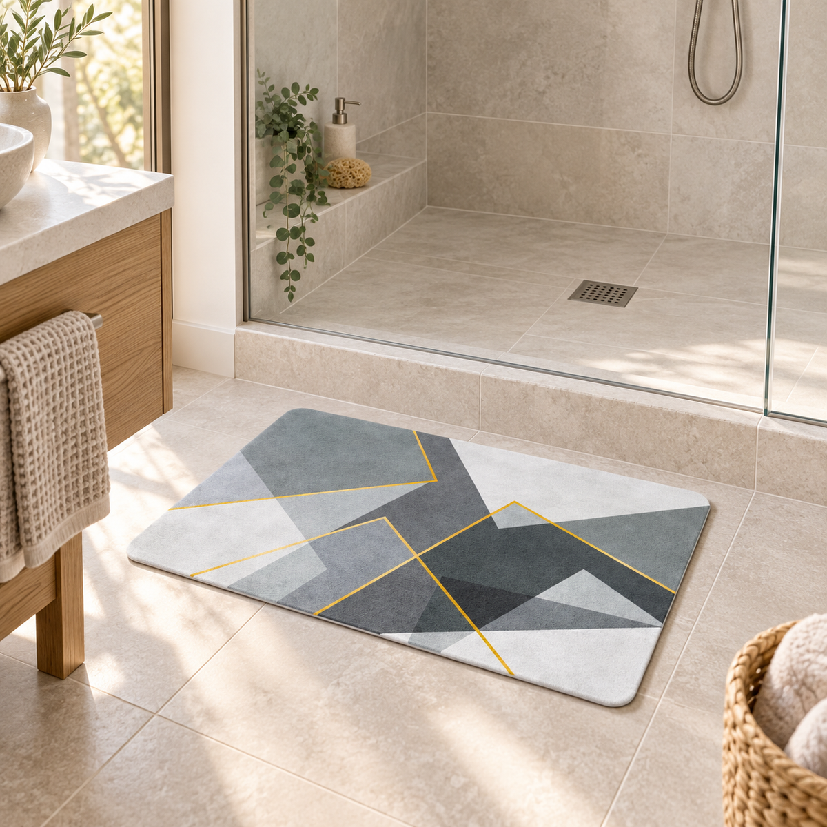 Tapis De Bain 50x70 – Angle Ardoise dans une salle de bain lumineuse