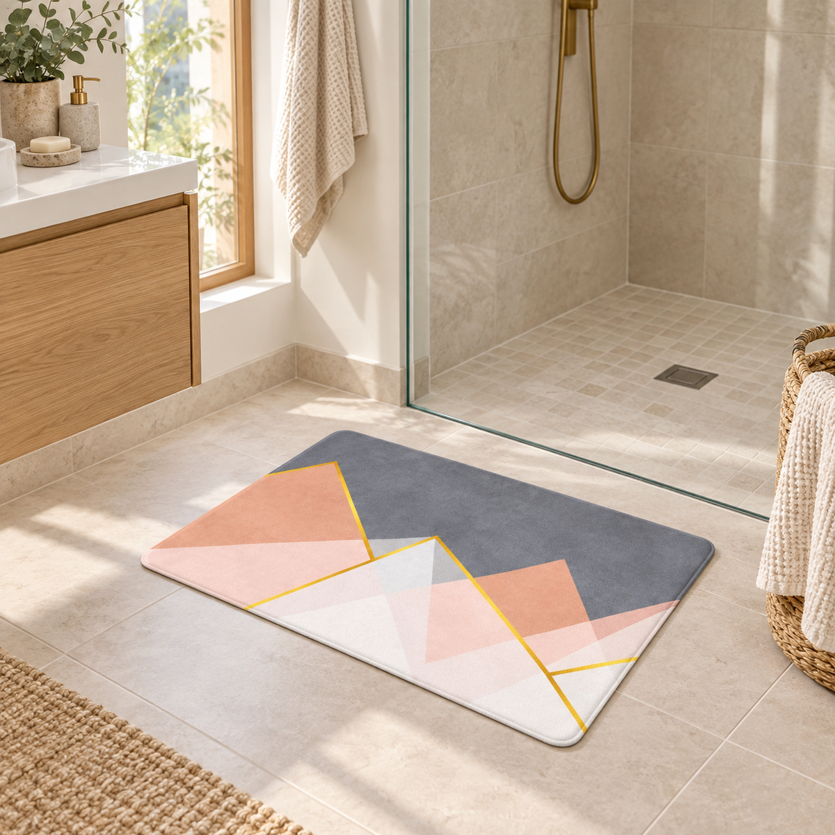 Tapis De Bain 50x70 – Terra Rosée dans une salle de bain lumineuse