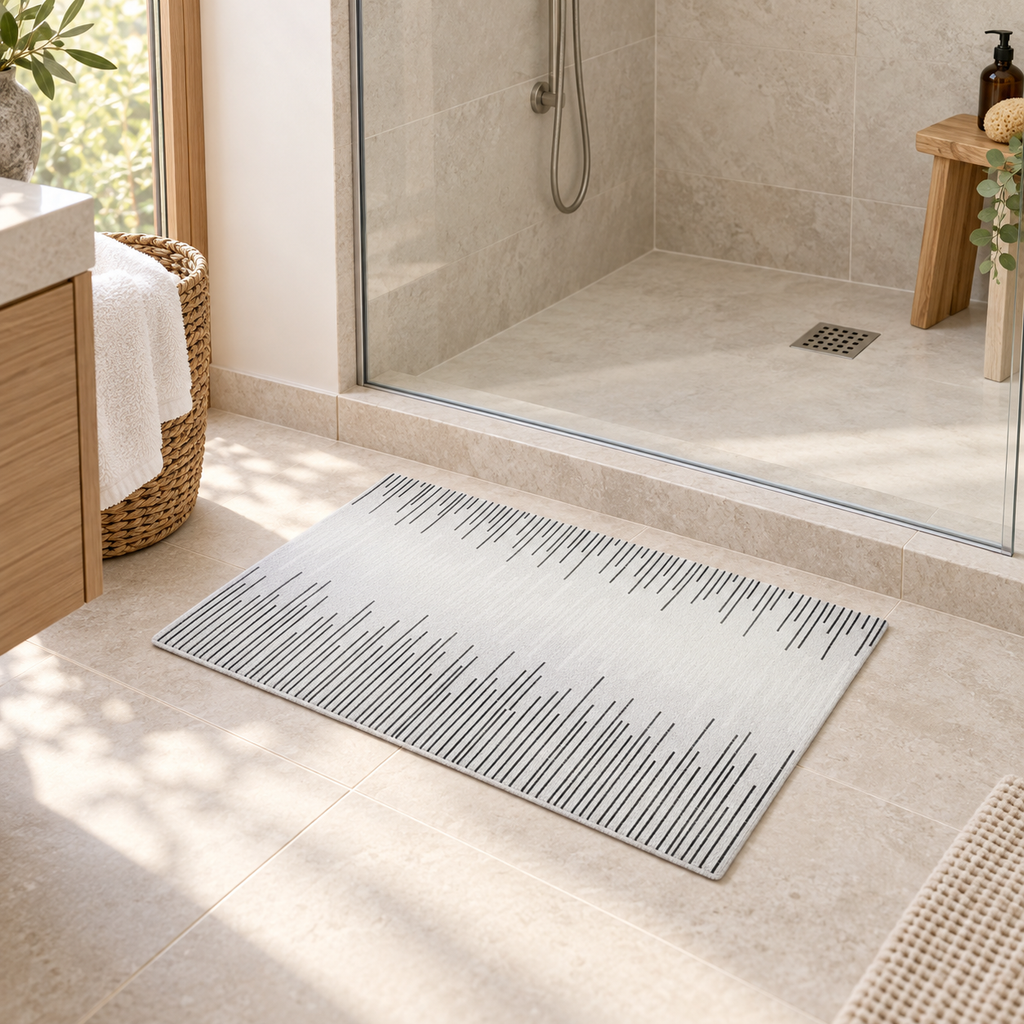 Tapis De Bain 60x90 – Lignes Montantes dans une salle de bain lumineuse