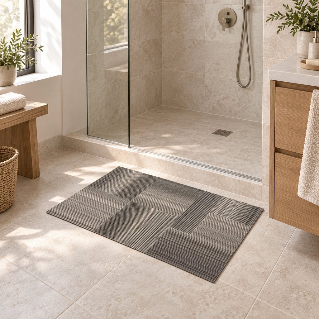 Tapis De Bain 60x90 – Gris Mosaïque dans une salle de bain lumineuse