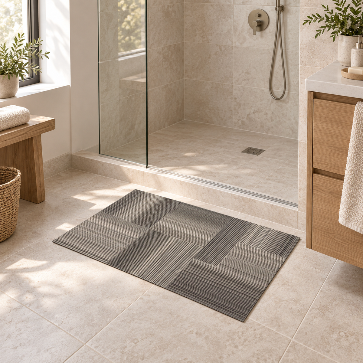 Tapis De Bain 60x90 – Gris Mosaïque dans une salle de bain lumineuse
