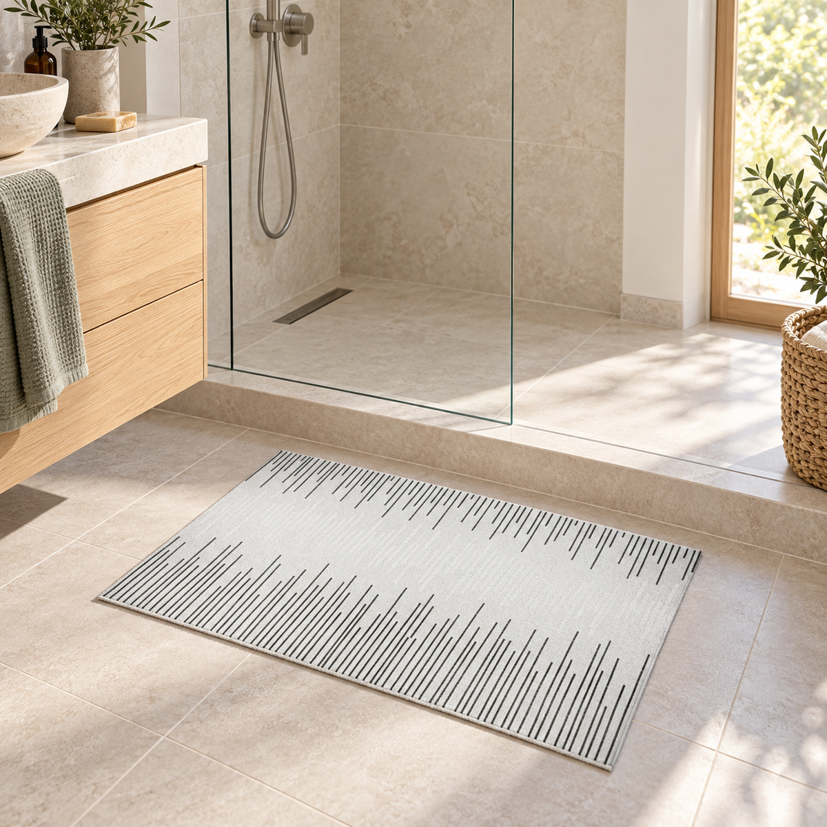 Tapis De Bain 60x90 – Ombre Douce dans une salle de bain lumineuse