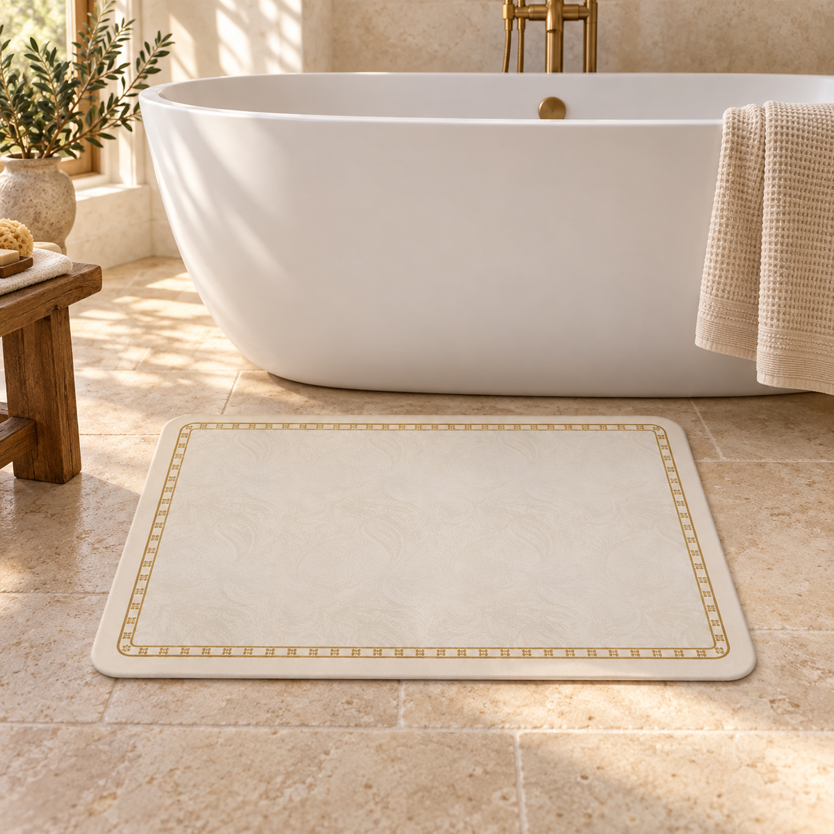 Tapis De Bain Bohème – Bohème Encadré / 40×60cm, Bohème Encadré / 50×80cm, Bohème Encadré / 60×90cm dans une salle de bain…