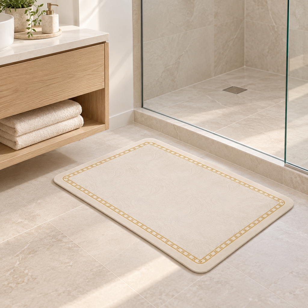 Tapis De Bain Bohème – Bohème Encadré / 40×60cm, Bohème Encadré / 50×80cm, Bohème Encadré / 60×90cm près d’une baignoire