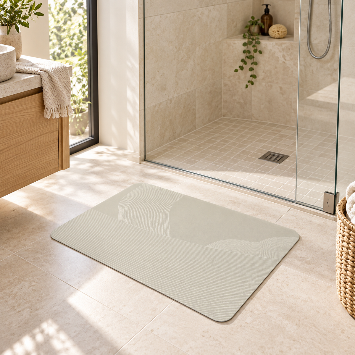 Tapis De Bain Bohème – Nuages Bohèmes / 40×60cm, Nuages Bohèmes / 50×80cm, Nuages Bohèmes / 60×90cm dans une salle de bain…
