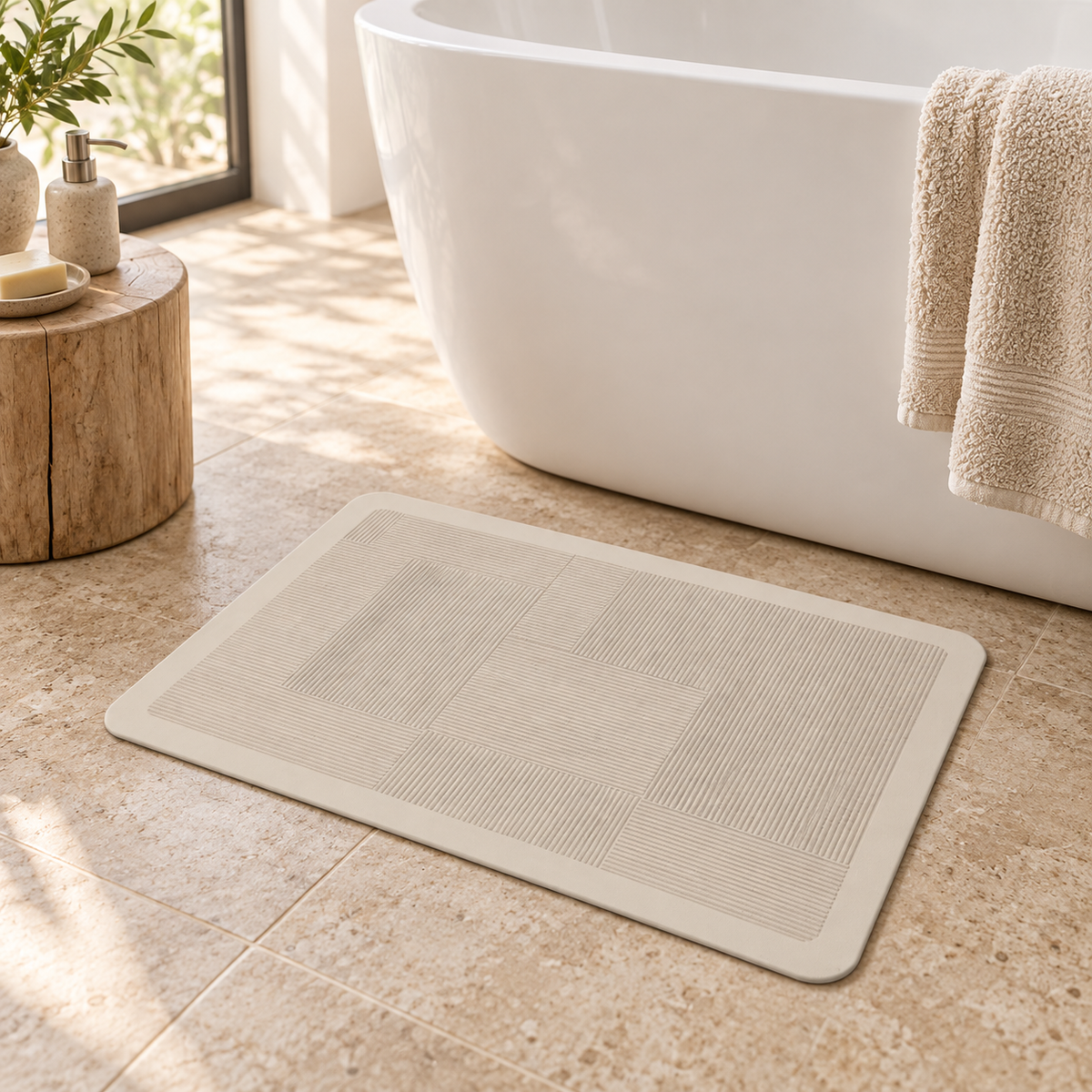 Tapis De Bain Bohème – Bohème Infini / 40×60cm, Bohème Infini / 50×80cm, Bohème Infini / 60×90cm près d’une baignoire