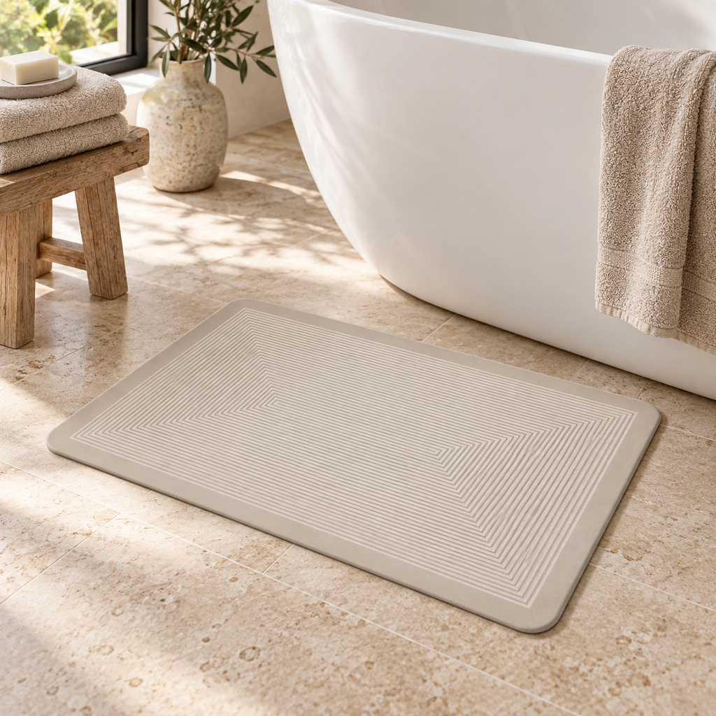 Tapis De Bain Bohème – Géométrie Bohème / 40×60cm, Géométrie Bohème / 50×80cm, Géométrie Bohème / 60×90cm près d’une baign…