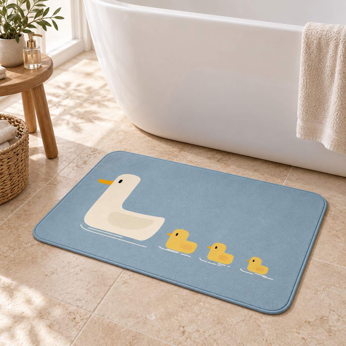 Tapis De Bain Canard – Bleu Glacier / 40x60cm, Bleu Glacier / 50x80cm près d’une baignoire