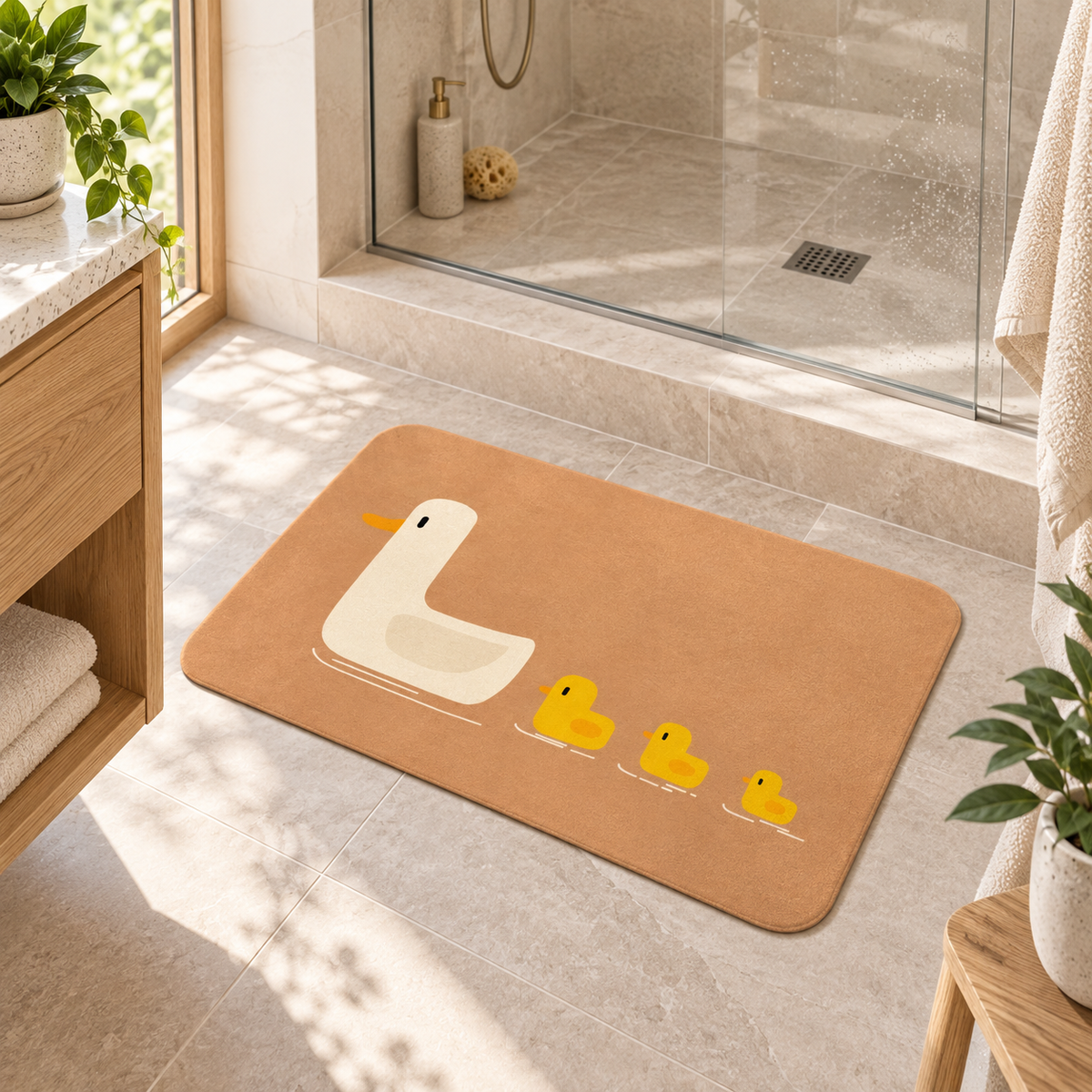 Tapis De Bain Canard – Pêche Doré / 40x60cm, Pêche Doré / 50x80cm dans une salle de bain lumineuse