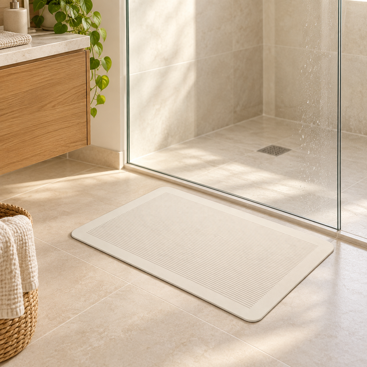 Tapis De Bain Diatomite Sur Mesure – Rectangle Rayé dans une salle de bain lumineuse