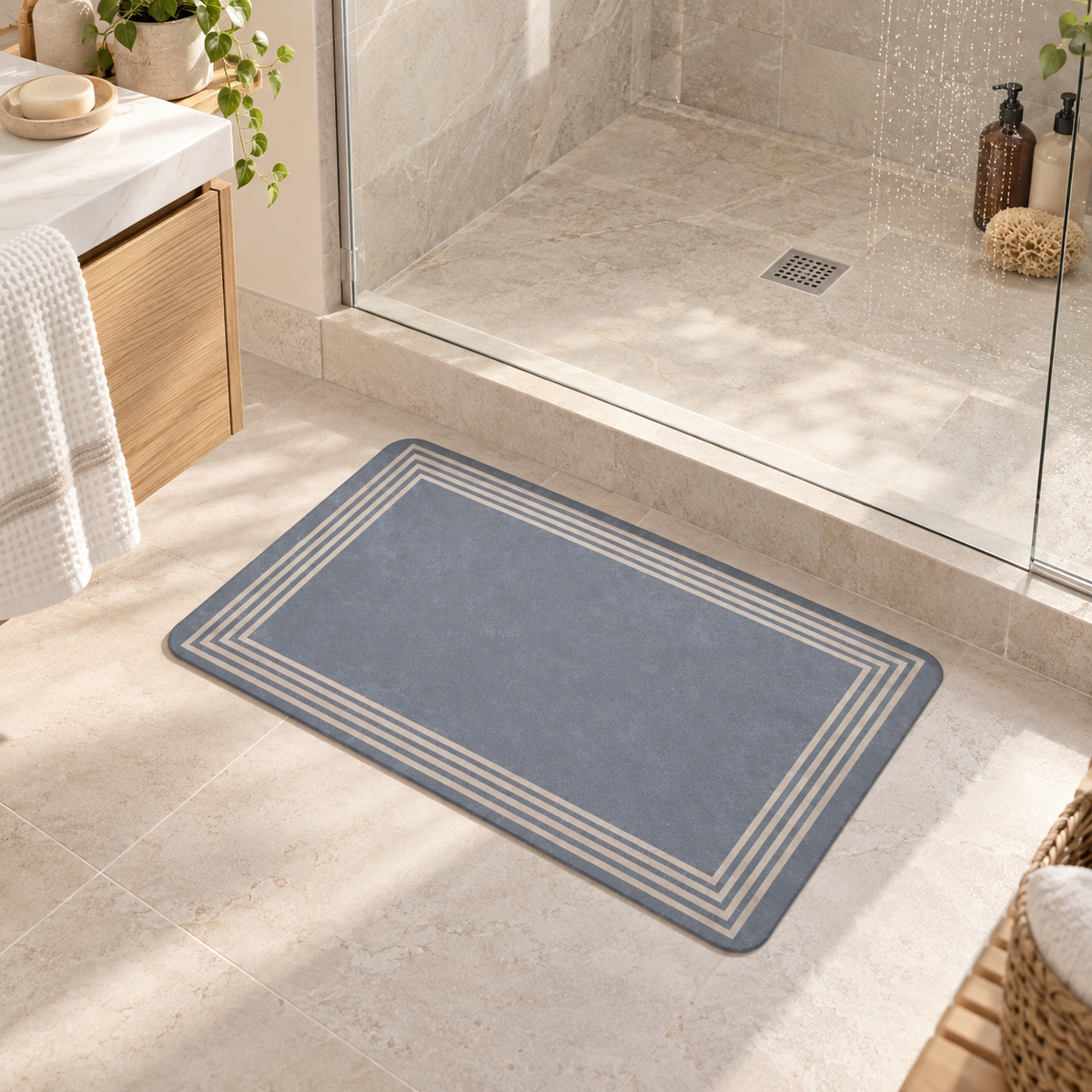 Tapis De Bain Gris – Encadré / 45cmx75cm, Encadré / 50cmx80cm, Encadré / 60cmx90cm dans une salle de bain lumineuse