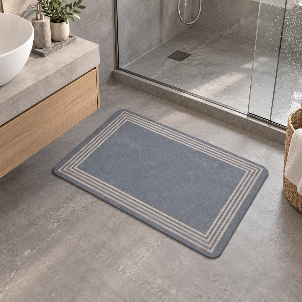 Tapis De Bain Gris – Encadré / 45cmx75cm, Encadré / 50cmx80cm, Encadré / 60cmx90cm dans une salle de bain contemporaine