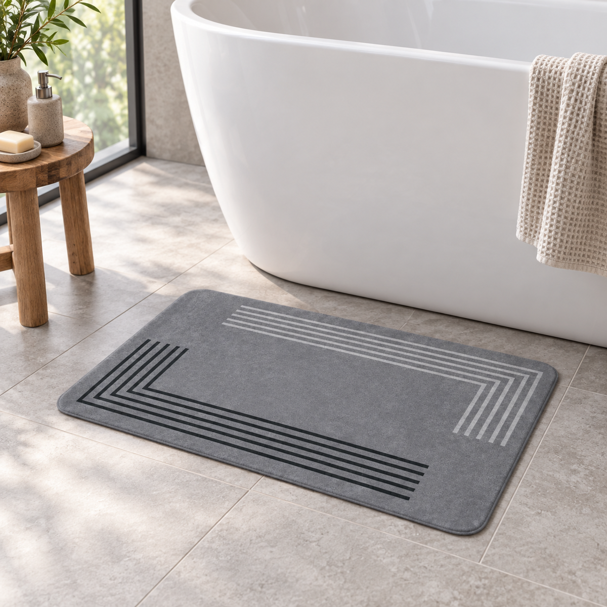 Tapis De Bain Gris – Contraste / 45cmx75cm, Contraste / 50cmx80cm, Contraste / 60cmx90cm près d’une baignoire