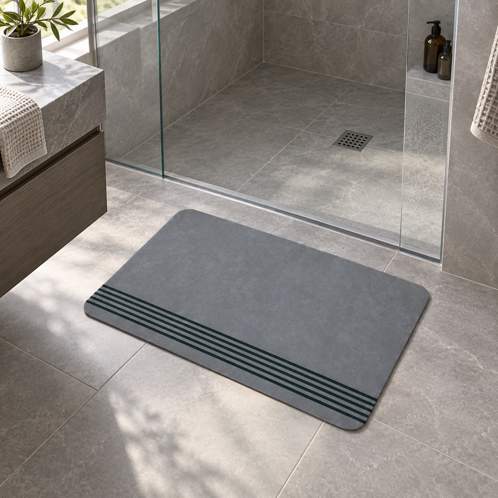 Tapis De Bain Gris – Bordure-Simple / 45cmx75cm, Bordure-Simple / 50cmx80cm, Bordure-Simple / 60cmx90cm près d’une baignoire