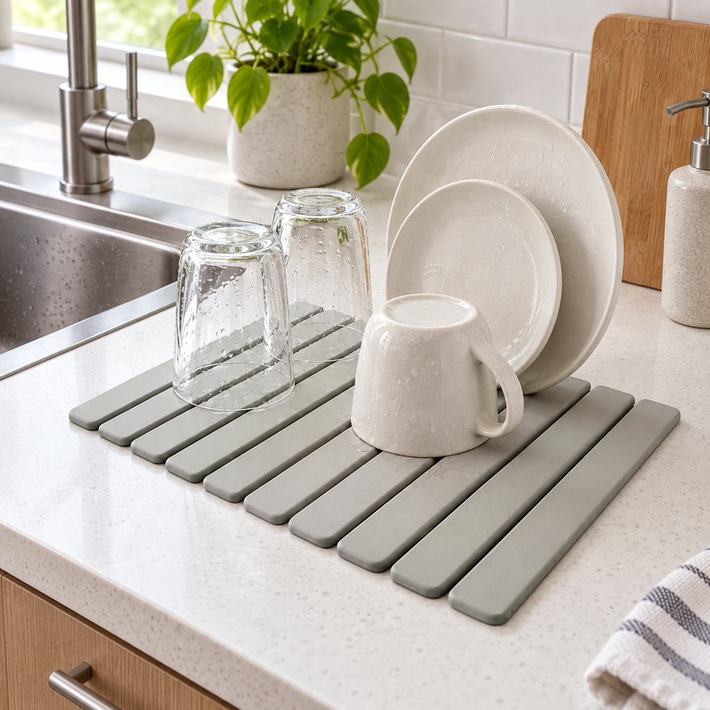 Tapis De Vaisselle Diatomite dans une cuisine aux détails en bois