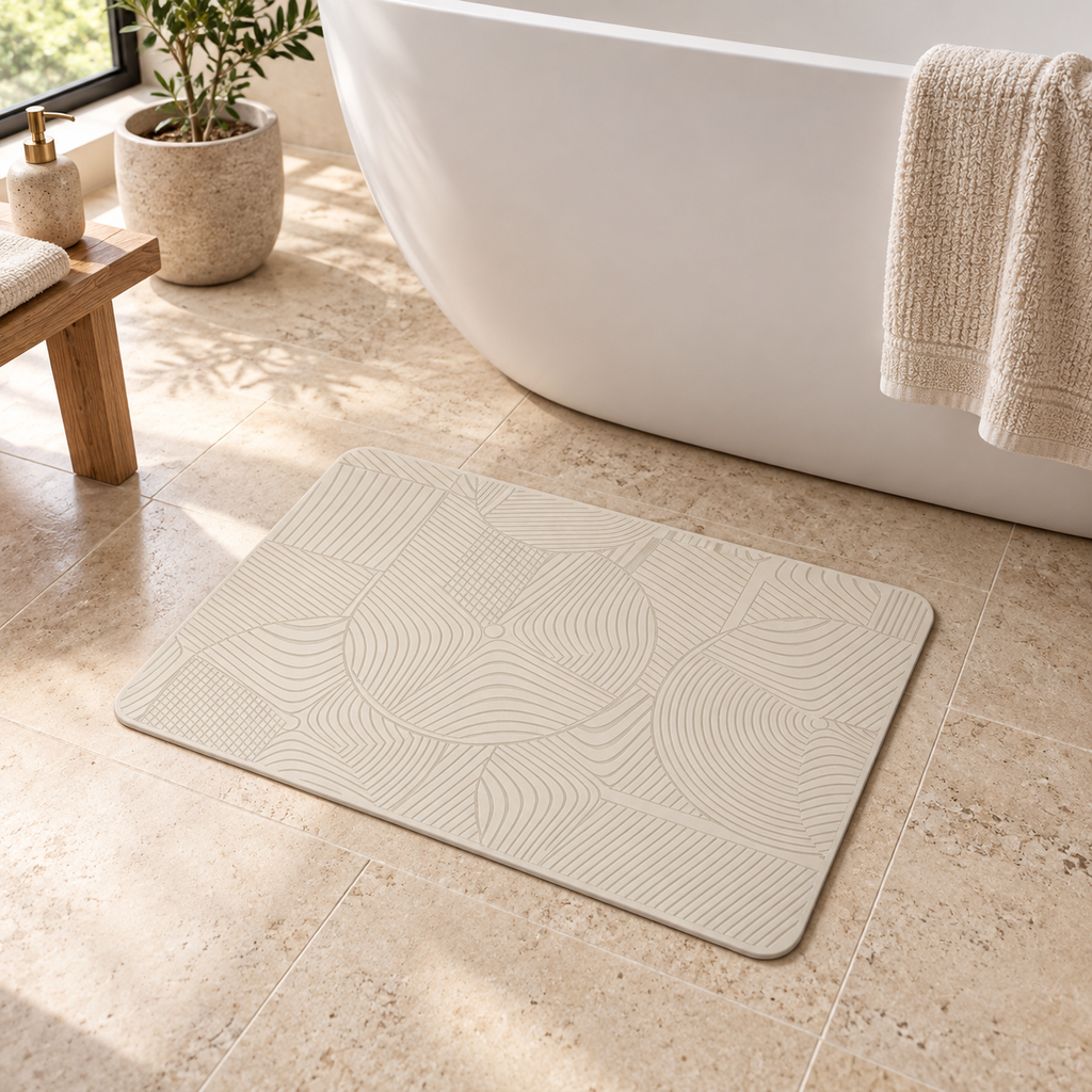 Tapis Diatomite Blanc – Blanc près d’une baignoire