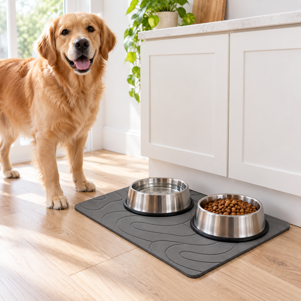 Tapis Diatomite Gris Pour Animaux – Gris / 30x40cm, Gris / 35x45cm, Gris / 40x60cm dans un coin repas pour animal