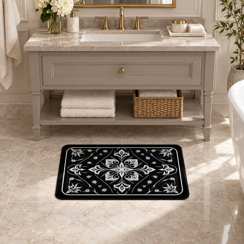 Tapis Salle De Bain Baroque – Fleur Baroque / 40cmx60cm, Fleur Baroque / 50cmx80cm dans une salle de bain contemporaine